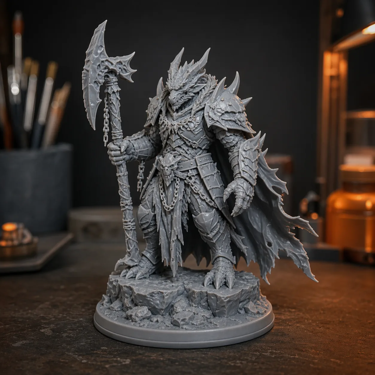 Figura detallada de un personaje en resina gris.